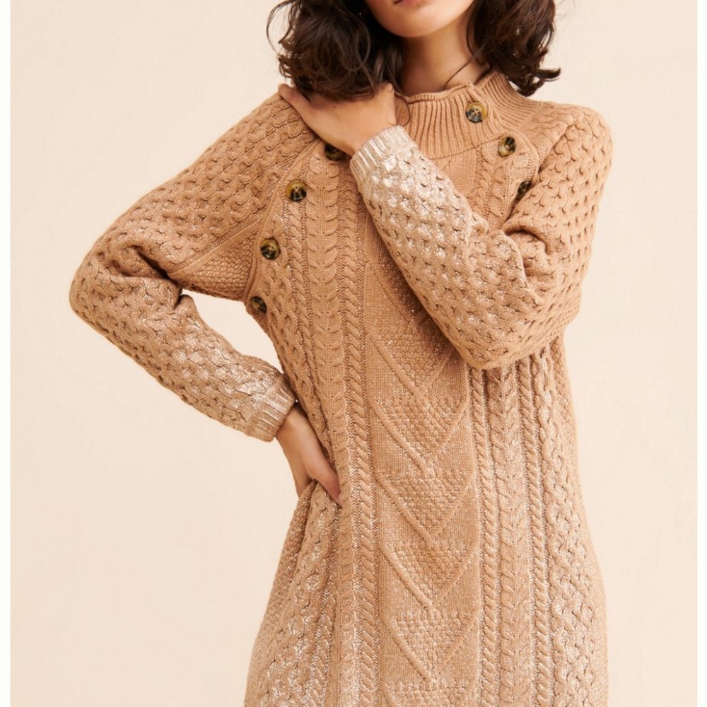 Anthropologie /pilcro Cable-Knit Button-Shoulder Sweater Dress in Camel